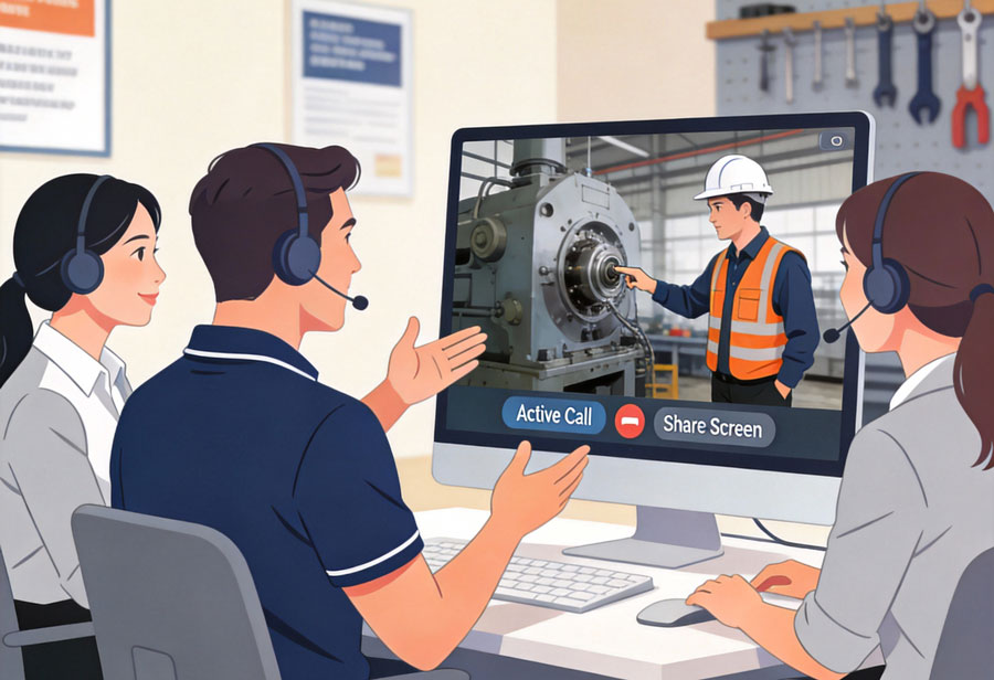 Customer service team assisting client with machinery maintenance via video call in technical support center