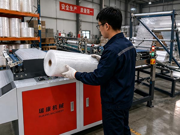 Warehouse worker inspecting a roll of finished bubble bags next to a high-speed production line