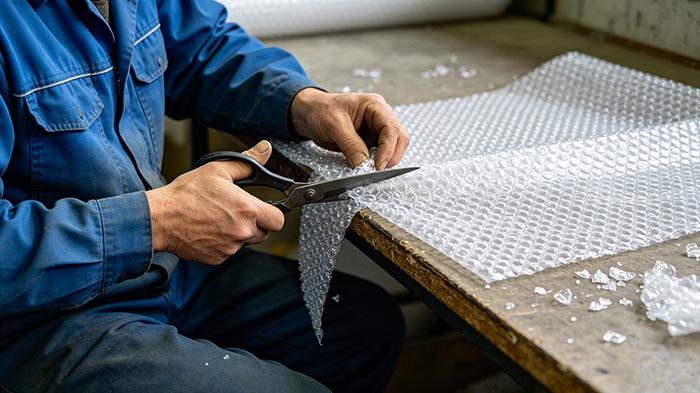 Frustrated worker cutting bubble wrap manually with scattered scraps on a table